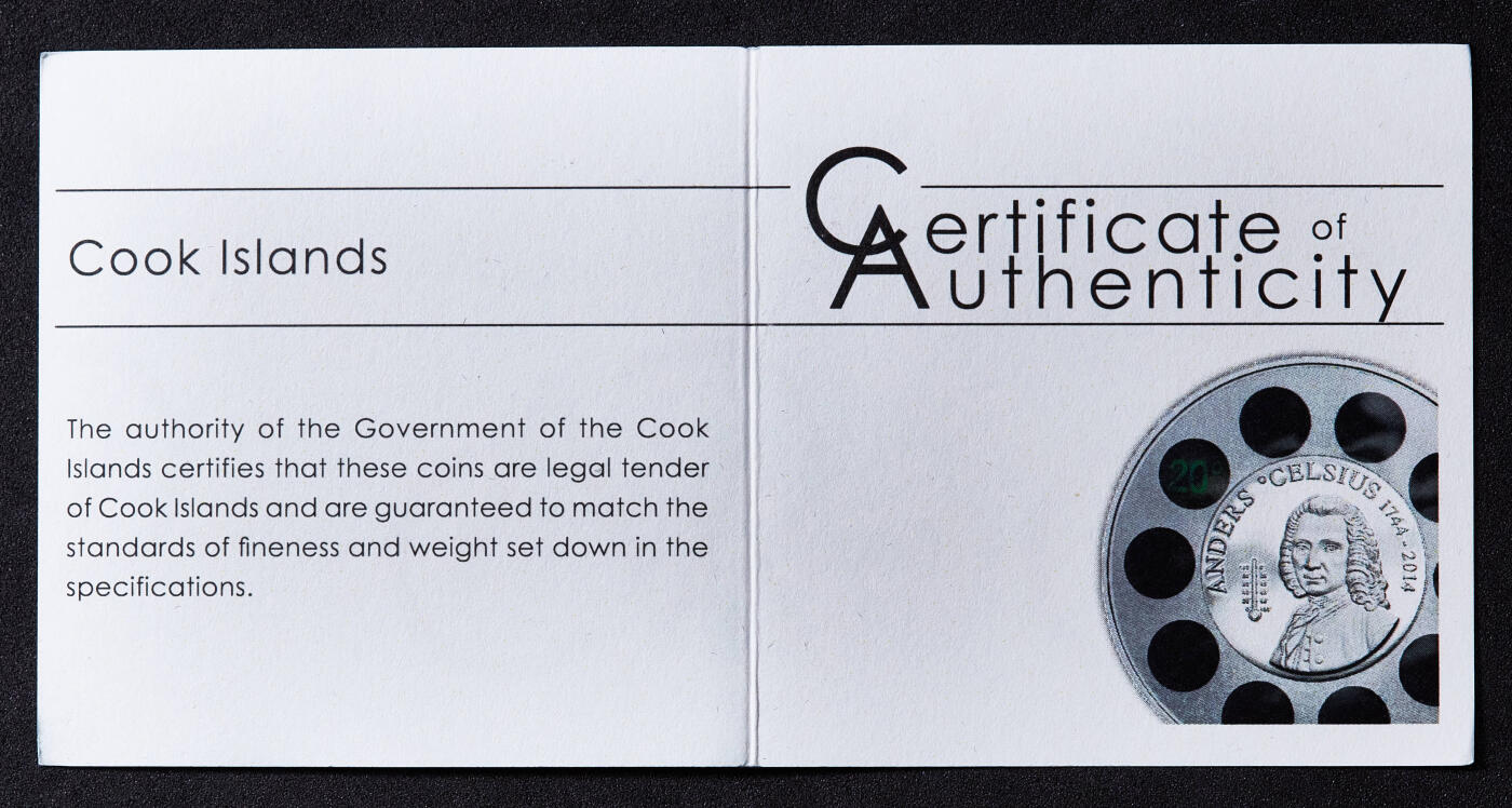 【俄甄集藏】2026年(049)03-18星期三 晚 19:30 全场包邮 库克群岛2014年纪念瑞典物理学家、天文学家、摄氏温度创始人安德斯·摄尔修斯逝世270周年5元精制彩绘大银币，原盒证，重31.1克，925银，发行量1744枚