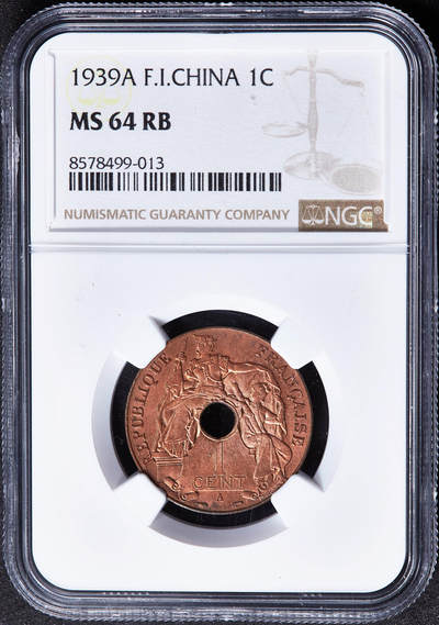 【俄甄集藏】2026年(049)03-18星期三 晚 19:30 全场包邮 - 法属印度支那1939年A版中孔百分之一（1分）铜币，NGC MS64RB，原铜光难得