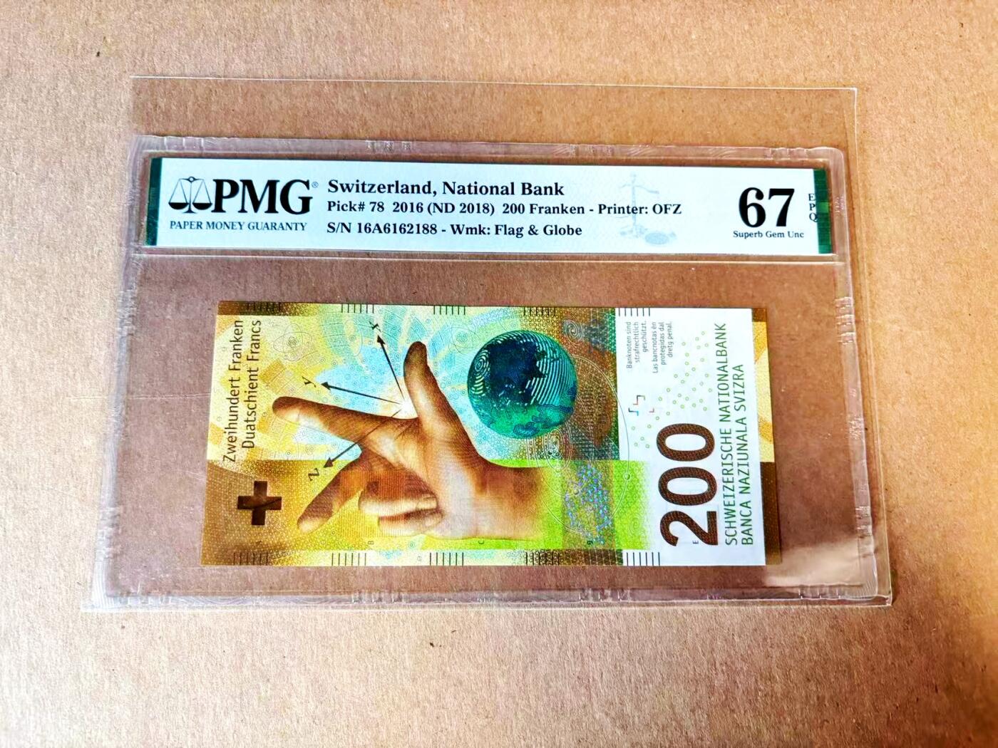 【Blue Auction】世界纸币精拍第793期——18级TOP拍卖/信誉/品质/专业/高效💫 【A冠88尾无47】瑞士 2016年200法郎 PMG67EPQ  