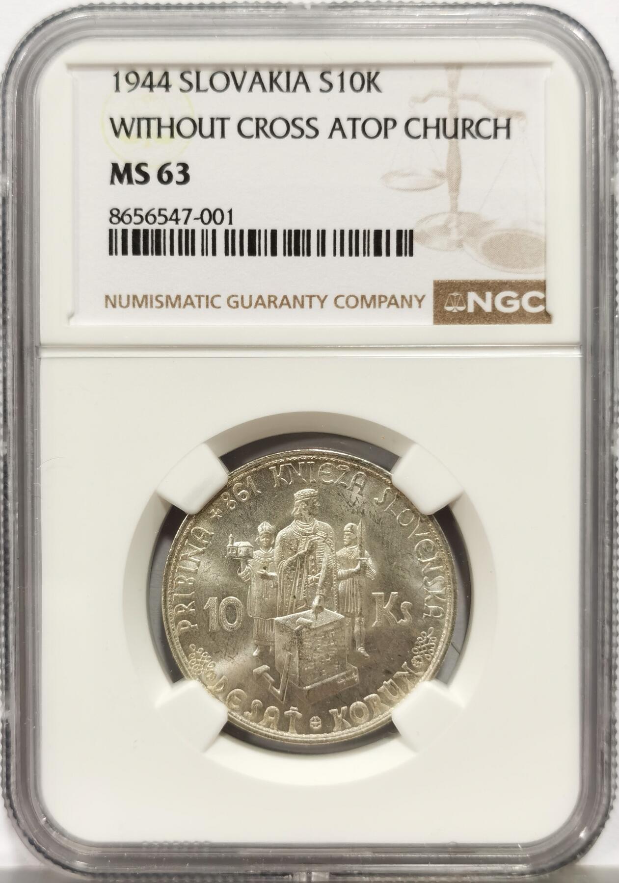 博洋堂世界钱币拍卖第164期（全场包邮） NGC MS63 斯洛伐克1944年10克朗银币，卷拆原光好品，极美状态。