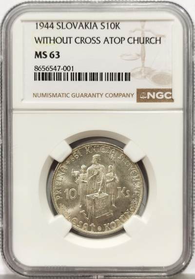 博洋堂世界钱币拍卖第164期（全场包邮） - NGC MS63 斯洛伐克1944年10克朗银币，卷拆原光好品，极美状态。