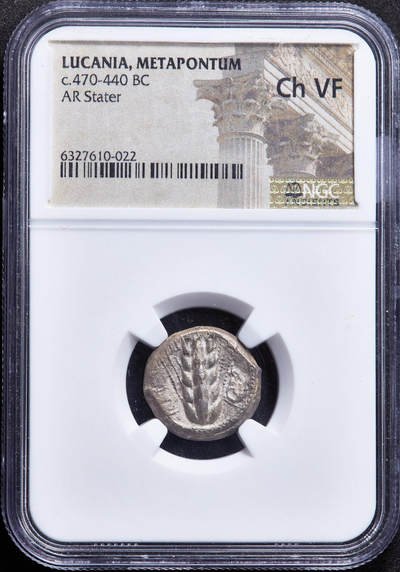 【俄甄集藏】2026年(049)03-18星期三 晚 19:30 全场包邮 - 古希腊卢卡尼亚地区梅塔蓬城公元前470-前440年1斯塔特大麦麦穗公羊首银币，NGC ChVF，正面一株大麦穗，左侧币文为地名梅塔蓬城，右侧羊首，背面内凹大麦穗图案，大正清晰，底光犹存