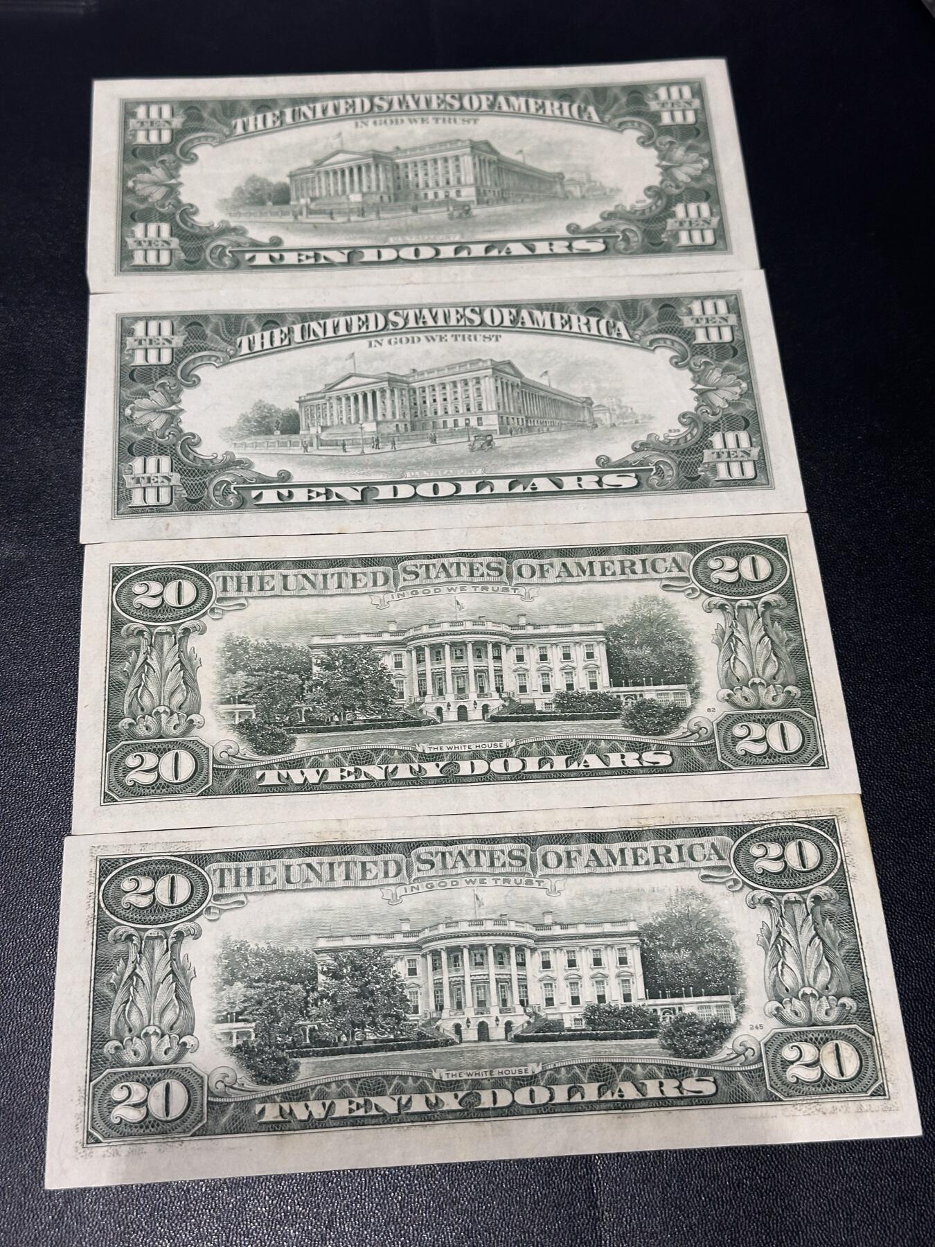 《外钞收藏家》第六百一十六期（精品场）（长期征集拍品、欢迎藏友们联系合作） 美国小头版10和20美元 各2张 非全新 品相如图