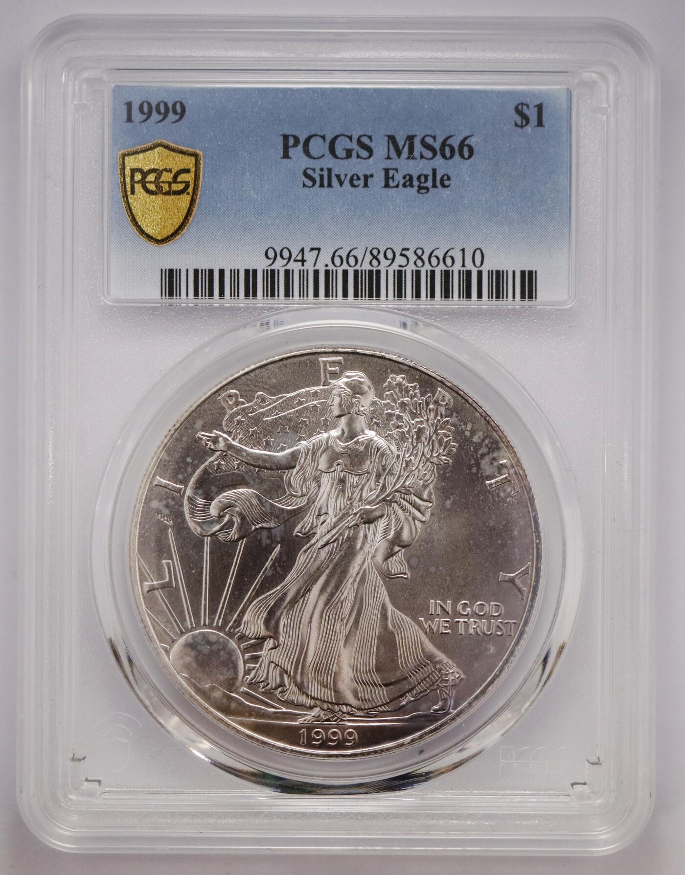 观钱 近现代机制币拍卖No.004（全场顺丰包邮）  1999 年美国1盎司行走女神鹰洋银币（PCGS MS66）