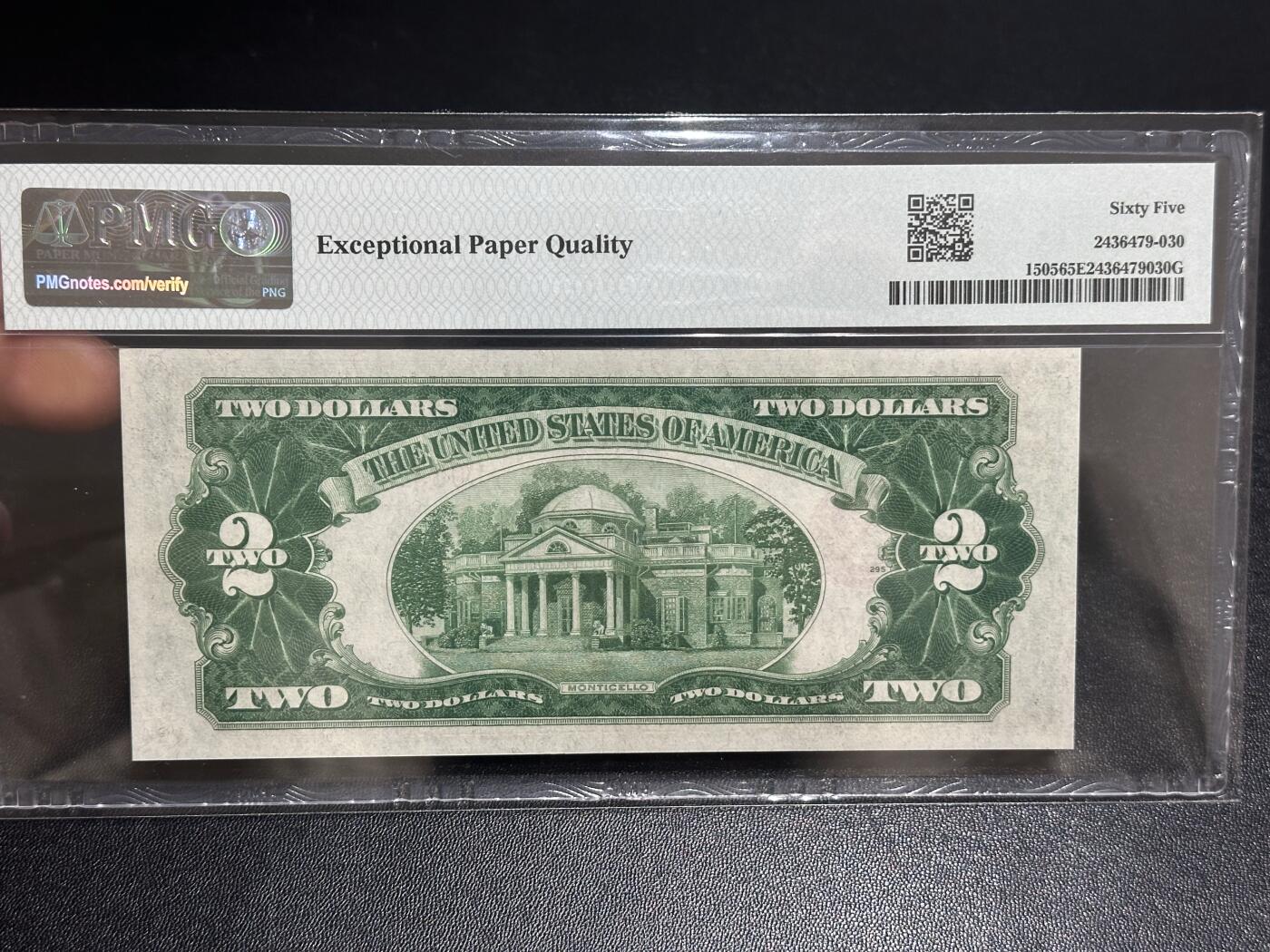 《外钞收藏家》第六百一十六期（精品场）（长期征集拍品、欢迎藏友们联系合作） 1928年美国2美元 红库印 PMG65