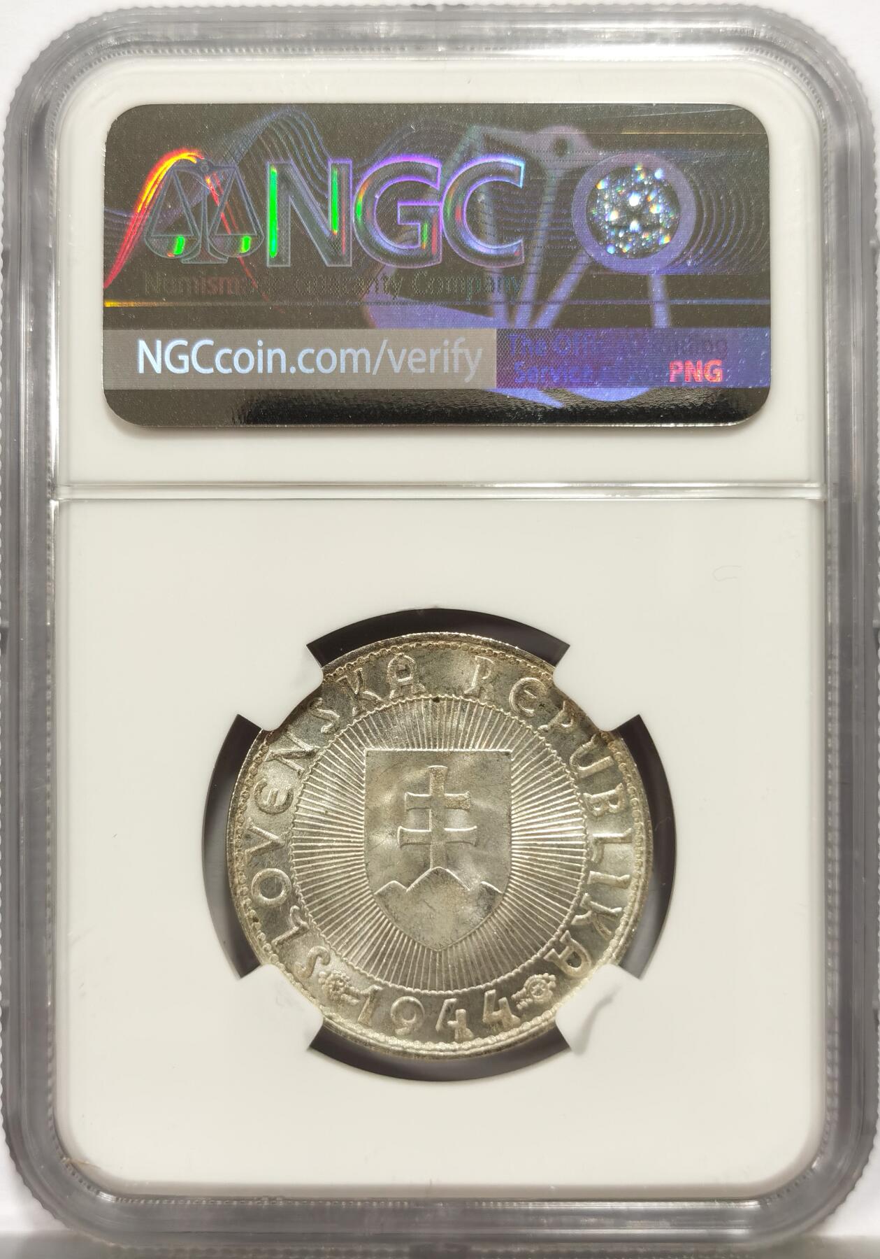博洋堂世界钱币拍卖第164期（全场包邮） NGC MS63 斯洛伐克1944年10克朗银币，卷拆原光好品，极美状态。
