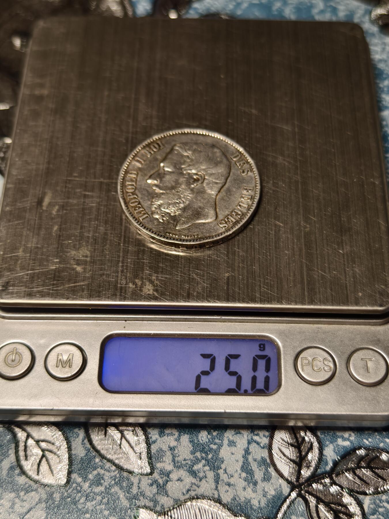 抚柳草堂-第十五期章牌钱币  奖章勋章限时免佣 满百包邮 放漏专场 1873比利时利奥波德二世5法郎大银币 比利时名家Wiener作品 重25g底板淡淡彩光