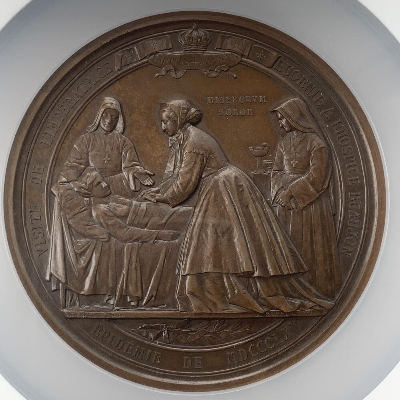 掌中浮雕-藏着的欧洲第054场 NGC MS63 : 1865年法国巴黎霍乱流行期间拿破仑三世及皇后视察医院铜章，A. BORREL雕刻，74.6mm，原铸