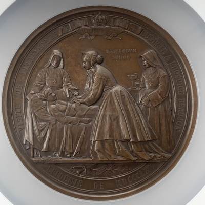 掌中浮雕-藏着的欧洲第054场 - NGC MS63 : 1865年法国巴黎霍乱流行期间拿破仑三世及皇后视察医院铜章，A. BORREL雕刻，74.6mm，原铸