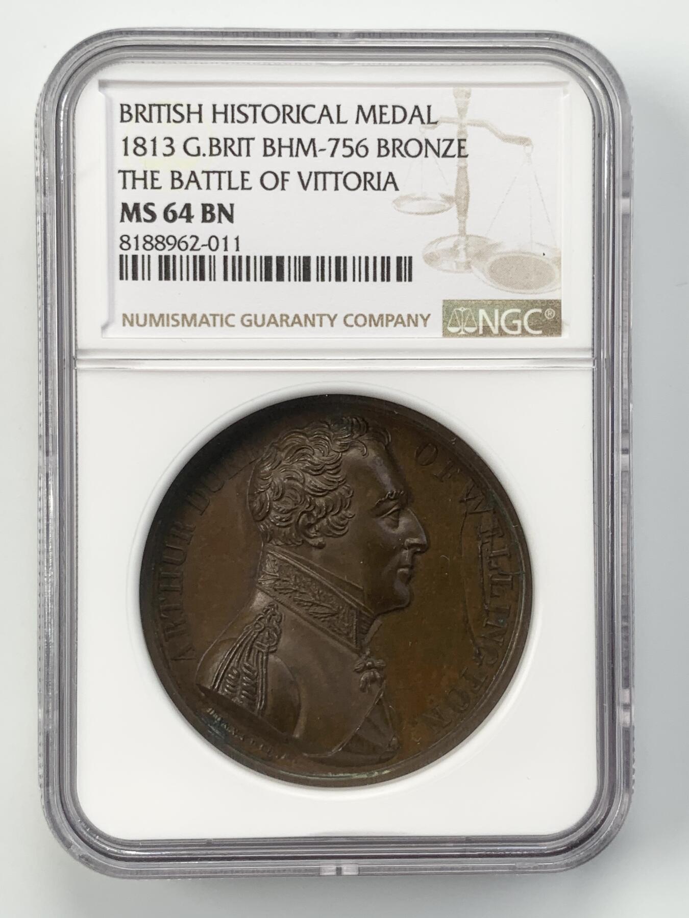 掌中浮雕-藏着的欧洲第054场 NGC MS64 : 1813年英国维多利亚战役纪念铜章，41mm，精美的马车图案