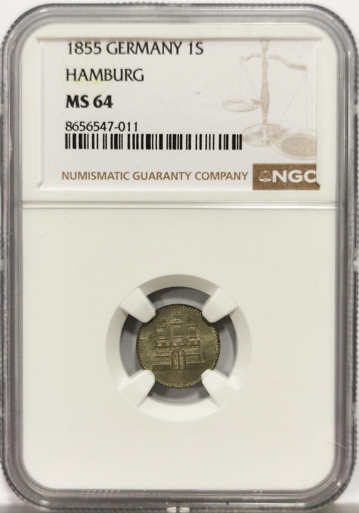博洋堂世界钱币拍卖第164期（全场包邮） NGC MS64 德国1855年汉堡一先令银币，170多年还能保持出厂般光泽，状态极好。