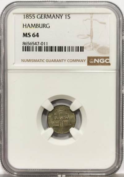 博洋堂世界钱币拍卖第164期（全场包邮） - NGC MS64 德国1855年汉堡一先令银币，170多年还能保持出厂般光泽，状态极好。