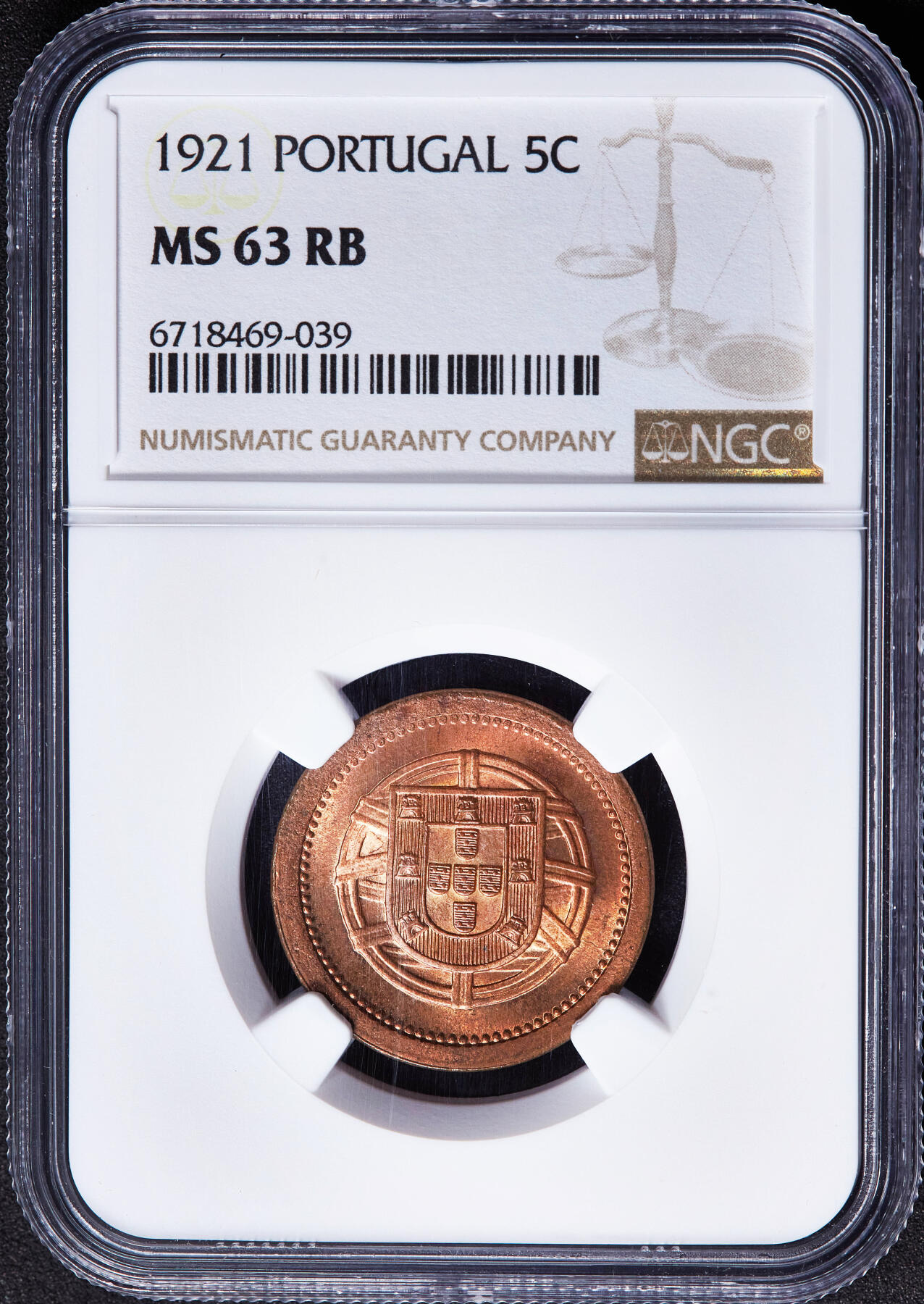 【俄甄集藏】2026年(049)03-18星期三 晚 19:30 全场包邮 葡萄牙共和国1921年国徽版5分铜币，NGC MS63RB，原铜光难得