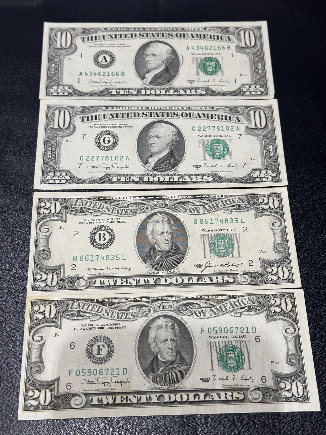 《外钞收藏家》第六百一十六期（精品场）（长期征集拍品、欢迎藏友们联系合作） 美国小头版10和20美元 各2张 非全新 品相如图