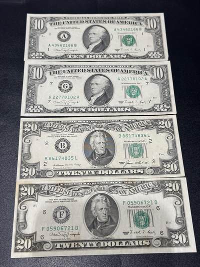 《外钞收藏家》第六百一十六期（精品场）（长期征集拍品、欢迎藏友们联系合作） - 美国小头版10和20美元 各2张 非全新 品相如图