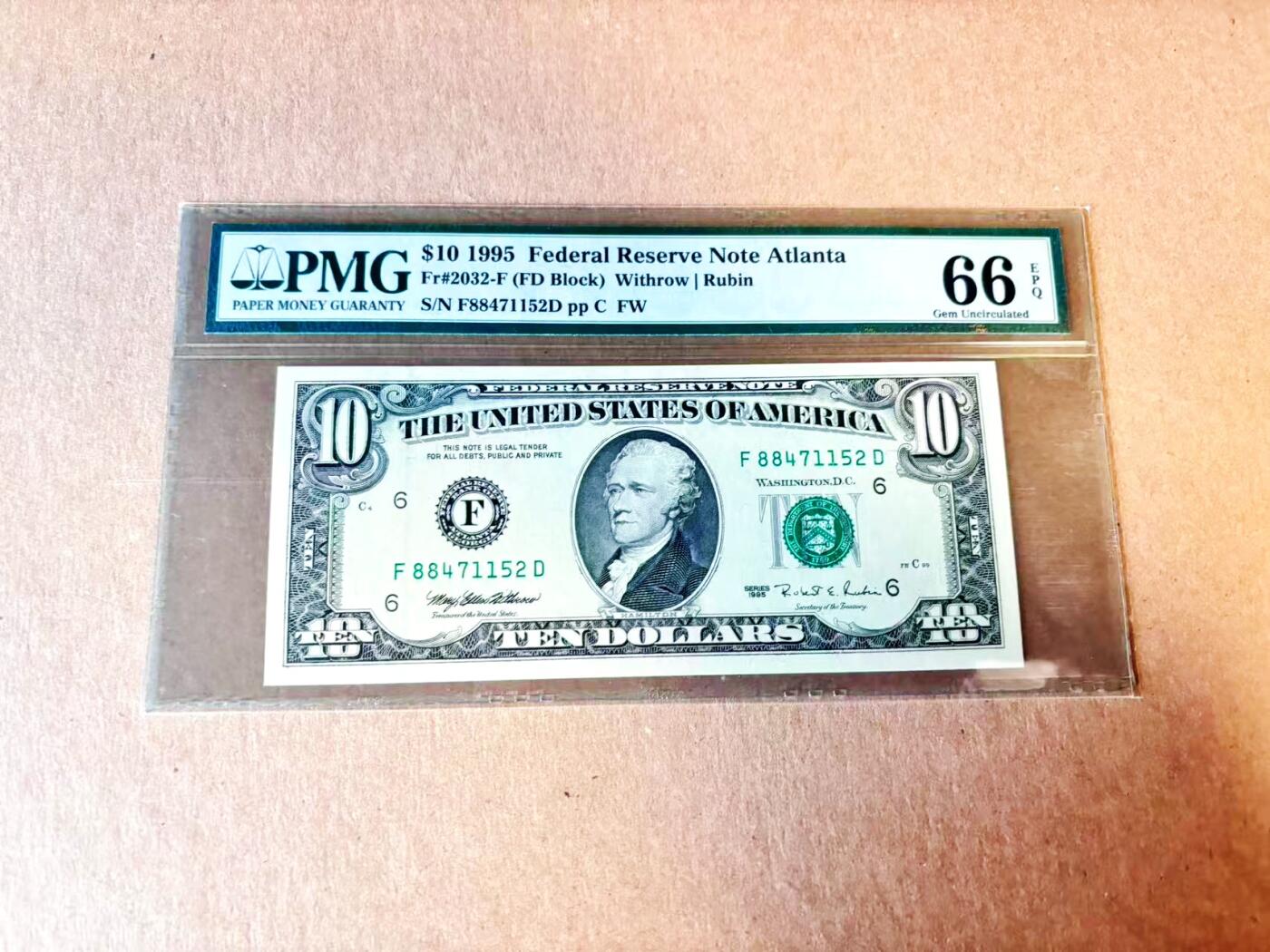 【Blue Auction】世界纸币精拍第793期——18级TOP拍卖/信誉/品质/专业/高效💫 美国 1995年10美金 PMG66EPQ 