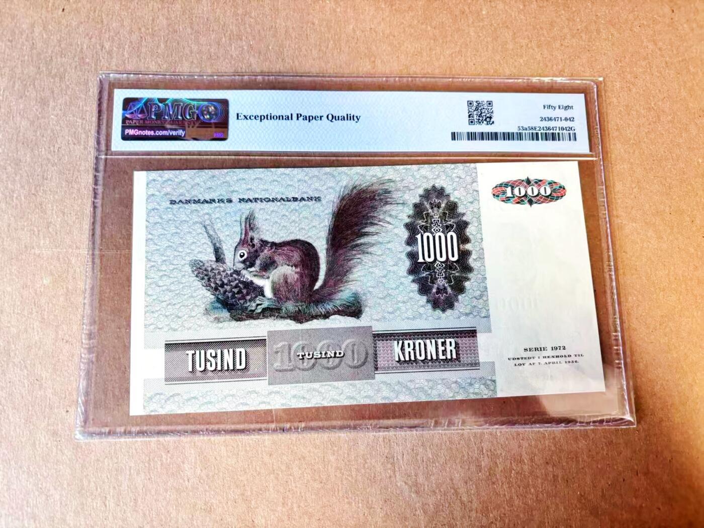 【Blue Auction】世界纸币精拍第793期——18级TOP拍卖/信誉/品质/专业/高效💫 【a版A1冠】丹麦 1972年1000克朗 大松鼠 PMG58EPQ 近新原票 只有一道非常轻微的折 油墨及纸张凹凸感非常好 动物钞经典品种勿错过