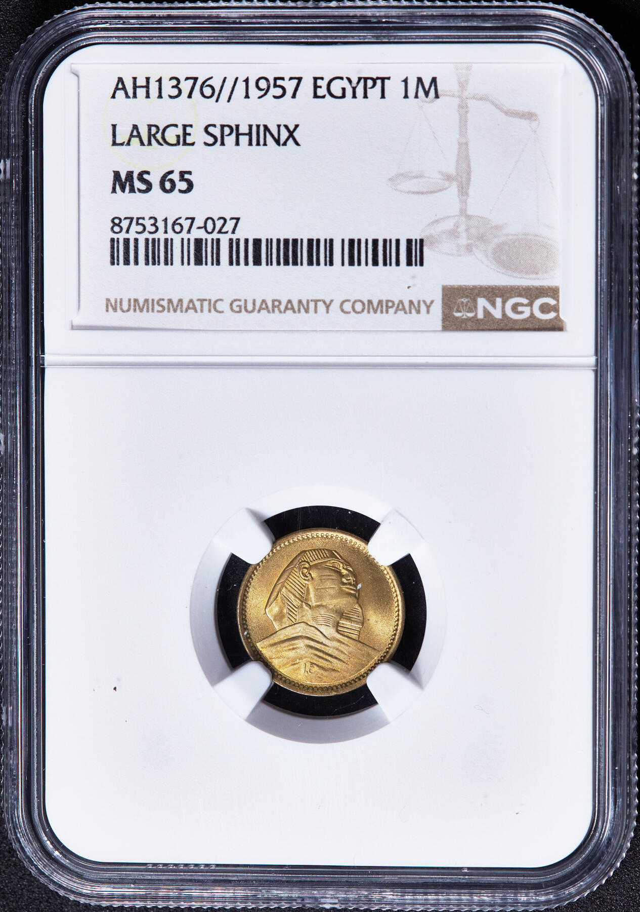 【俄甄集藏】2026年(049)03-18星期三 晚 19:30 全场包邮 埃及第一共和国时期1957年狮身人面像1米利姆黄铜币，NGC MS65，转光品相，顶级状态