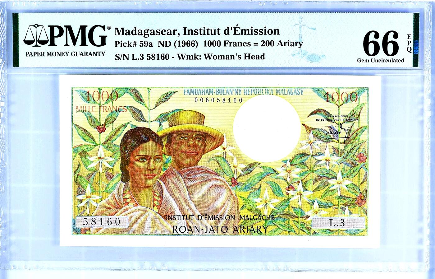 【Blue Auction】世界纸币精拍第793期——18级TOP拍卖/信誉/品质/专业/高效💫 【无47 顶级品相罕见】马达加斯加 1966年1000法郎 次高值  身着当地传统服饰的夫妇 背面特色牛车 色彩艳丽 PMG66EPQ 如此高分实属罕见 一步到位的收藏级 切勿错过获取这一珍稀非洲纸币的绝佳机会（5年前一张同分的拍了4800美金）