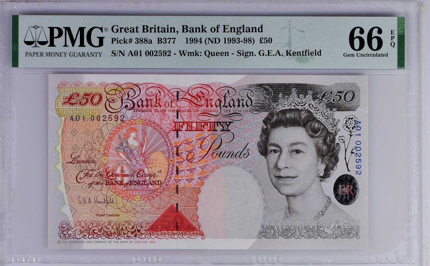 【Blue Auction】世界纸币精拍第793期——18级TOP拍卖/信誉/品质/专业/高效💫 【A01首发冠 千位小号无47】英国 1994年50镑 PMG66EPQ
