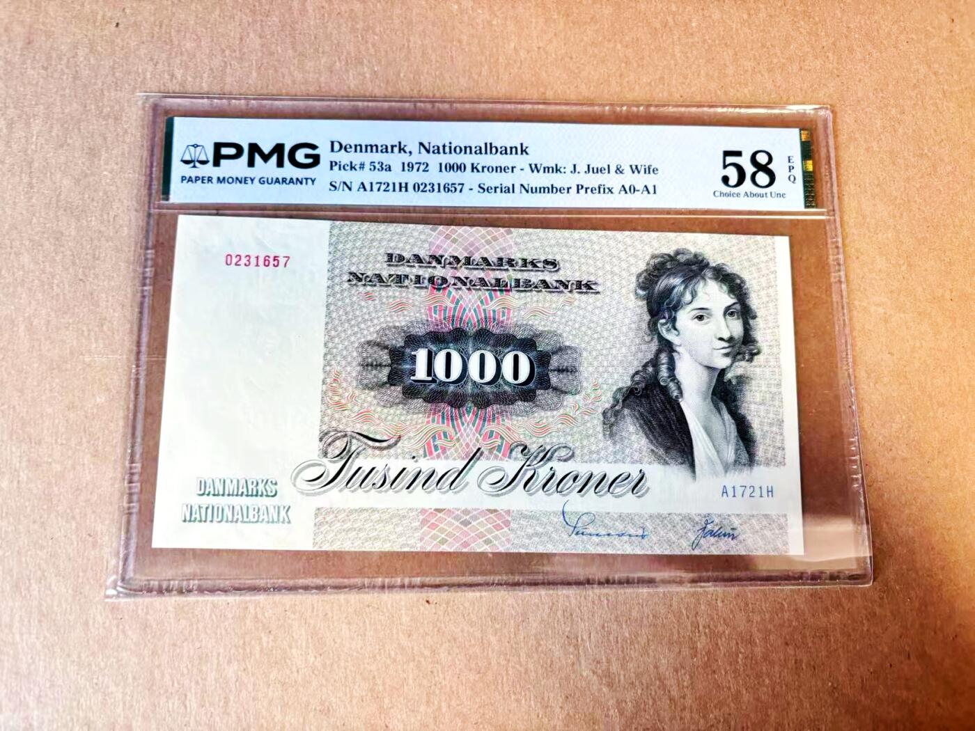 【Blue Auction】世界纸币精拍第793期——18级TOP拍卖/信誉/品质/专业/高效💫 【a版A1冠】丹麦 1972年1000克朗 大松鼠 PMG58EPQ 近新原票 只有一道非常轻微的折 油墨及纸张凹凸感非常好 动物钞经典品种勿错过