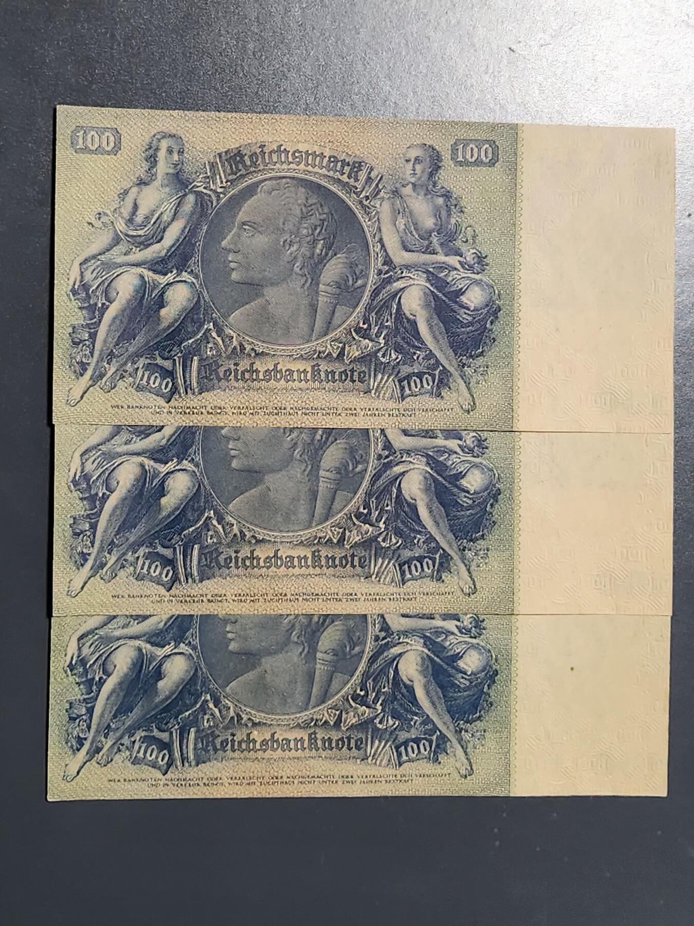 3月10号晚上8点 外国纸币自动截拍第36场 德国100马克新品3连号