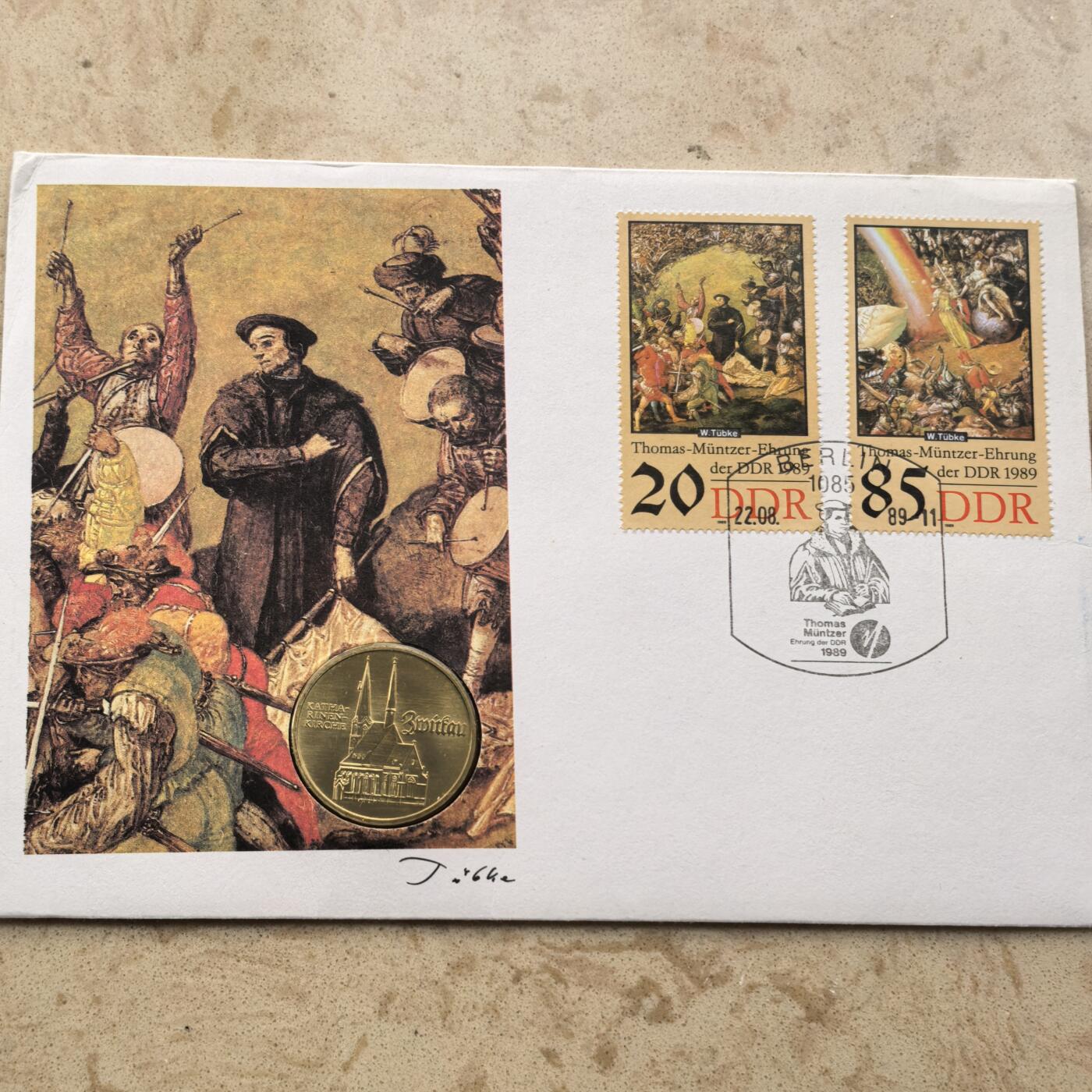 道一币馆币章第一百六十八场 邮币封 民主德国1989年托马斯·蒙泽诞辰500周年茨维考的凯瑟琳教堂5马克纪念币-2