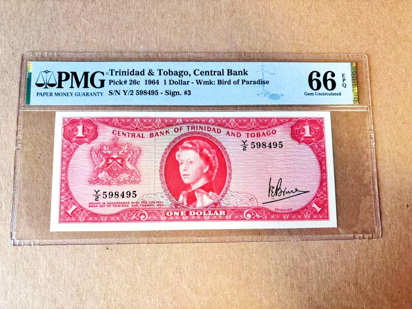 【Blue Auction】世界纸币精拍第793期——18级TOP拍卖/信誉/品质/专业/高效💫 特立尼达和多巴哥 1964年1元 戎装女王 PMG66EPQ 