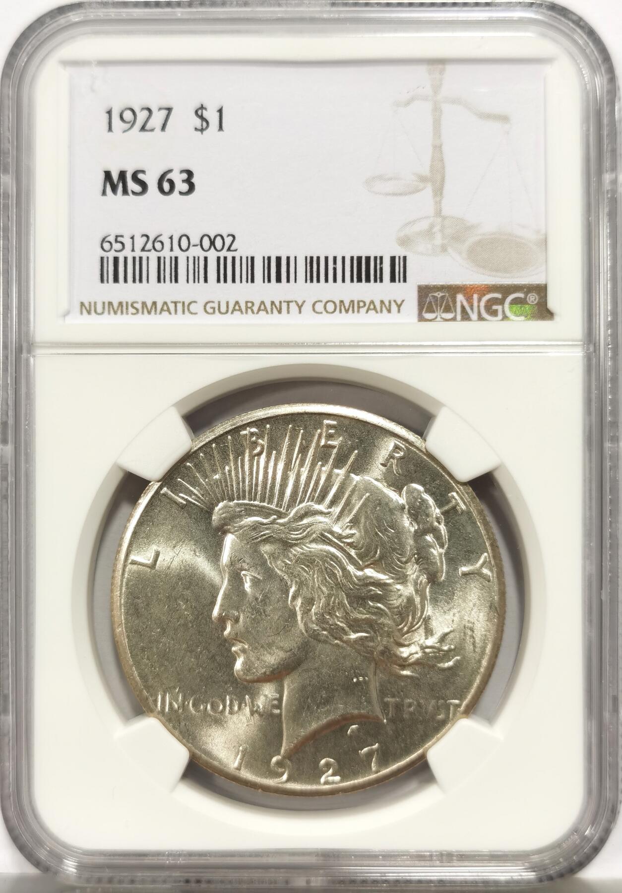 博洋堂世界钱币拍卖第164期（全场包邮） NGC MS63 美国1927 和平银币 麦稀奇首见 和平银元关键年 产量仅为84.8万枚 为系列中第二低 此枚品相极佳 难得一遇的藏品