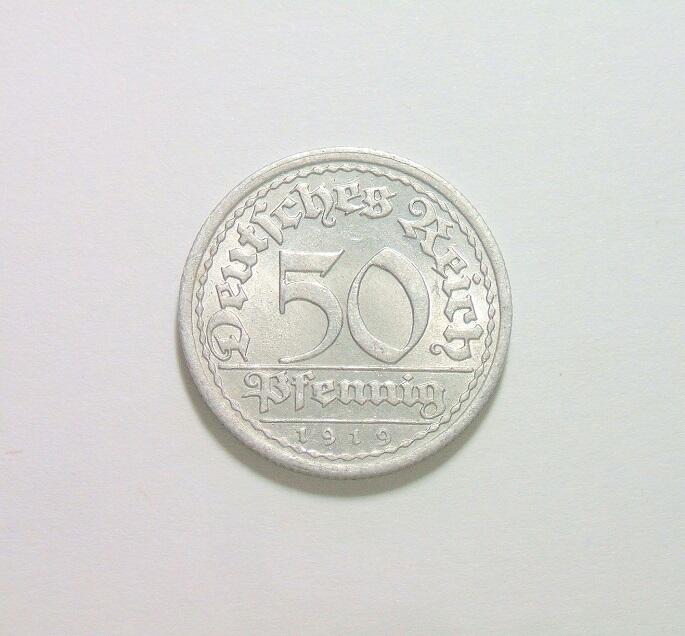 【旋风钱币】3月14日19:00准时开拍 精美欧洲币章、银币银章、第三帝国钱币等 全场包邮！ 稀年 德国魏玛1919年E版50芬尼 开卷原光
