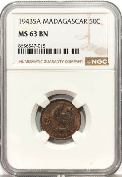 博洋堂世界钱币拍卖第164期（全场包邮） - NGC MS63 自由法国属马达加斯加1943年50分铜币，包浆漂亮，很少见的品种，早期法属殖民地题材有潜力。