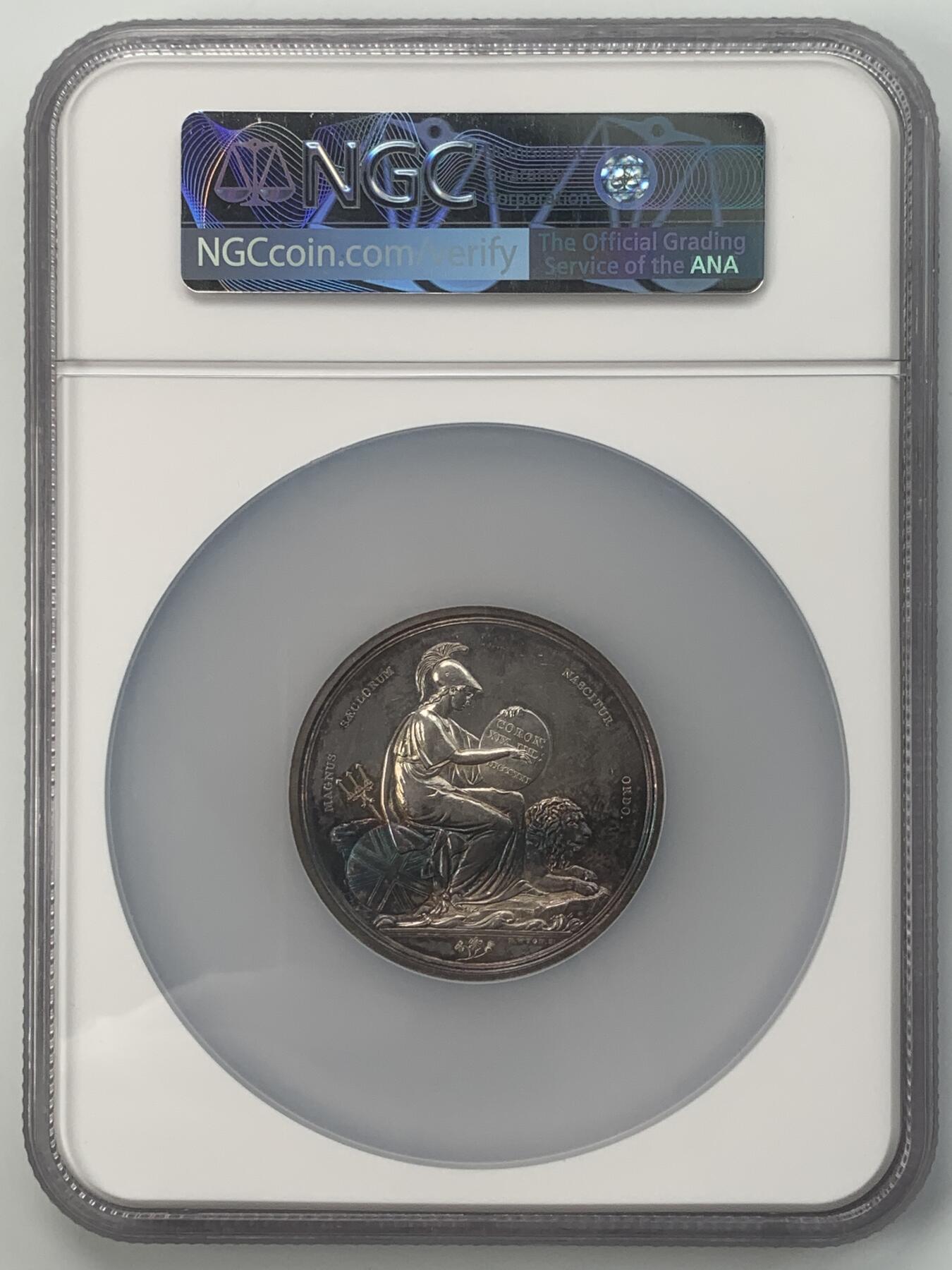 掌中浮雕-藏着的欧洲第054场 NGC MS61 : 1821年乔治四世加冕银章，51mm ,原盒，稀少品种，正面是小托马斯.怀恩1817年遗作，背面本杰明.怀恩雕刻，SBP同款PCGS SP61成交价840美金