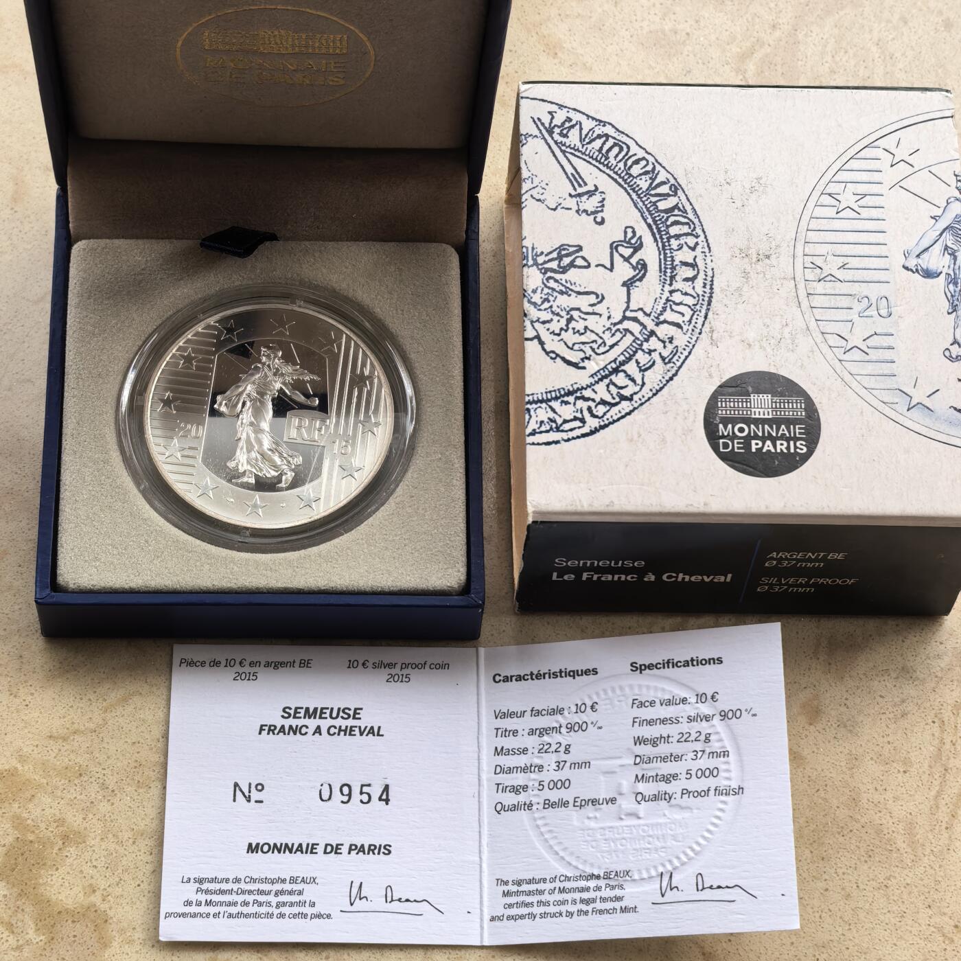 道一币馆币章第一百六十八场 原盒证 法国2015年法国钱币发展史10欧元精制银币  22.2g 900s 5000