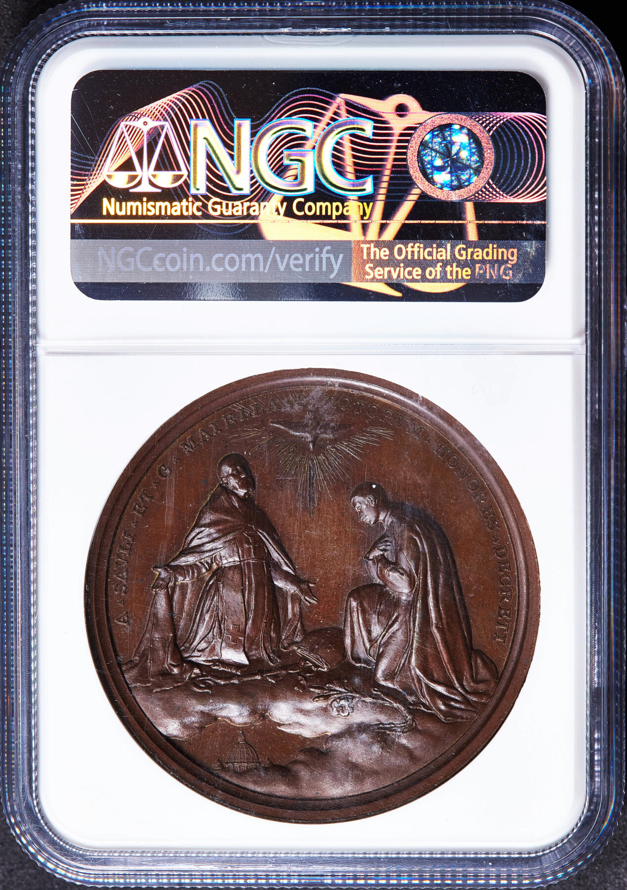 【俄甄集藏】2026年(049)03-18星期三 晚 19:30 全场包邮 梵蒂冈教皇国1904年纪念教皇庇护十世封圣大铜章，NGC MS63，巧克力包浆，高浮雕，少见品种