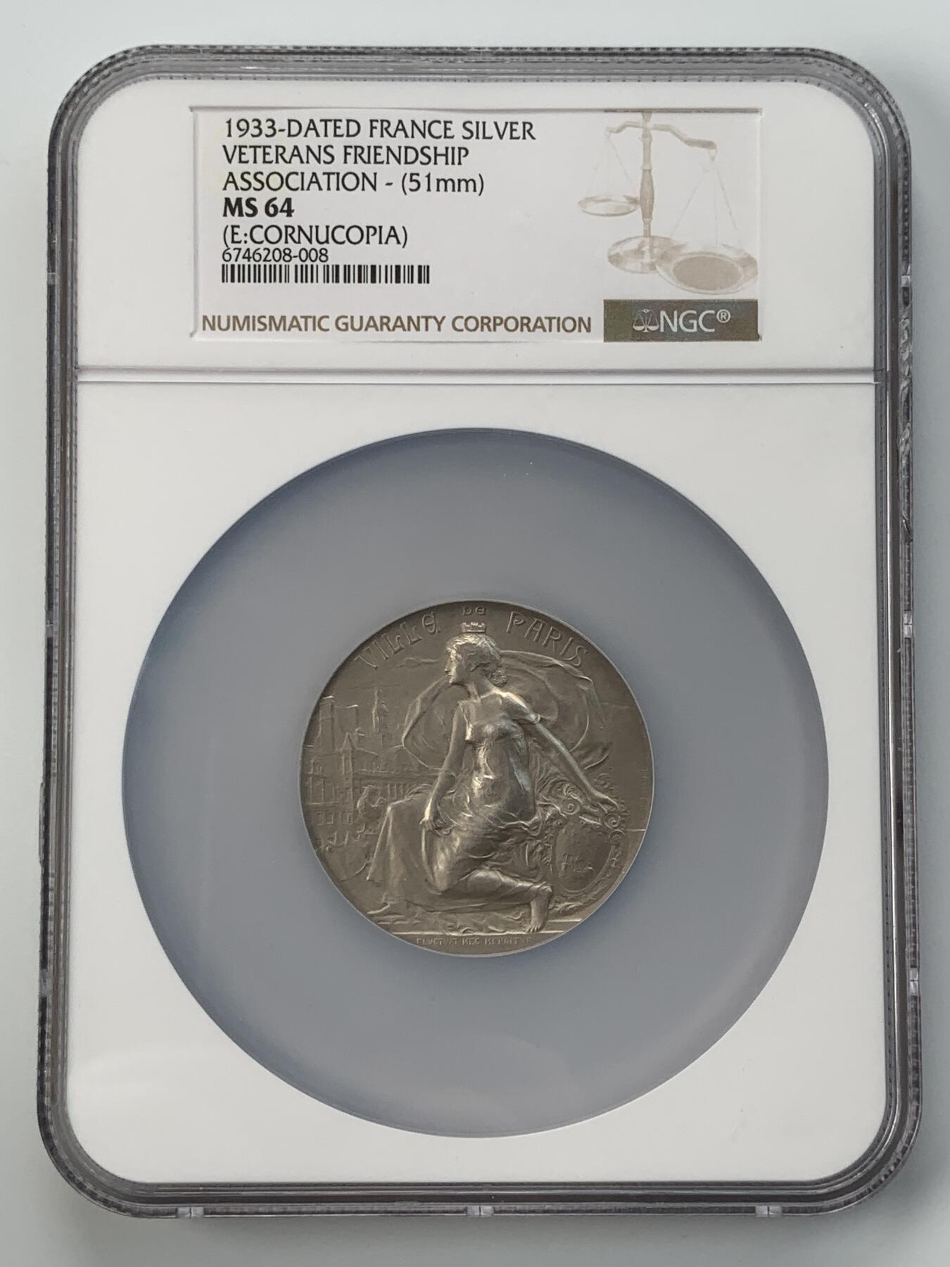 掌中浮雕-藏着的欧洲第054场 NGC MS64 : 1933年法国巴黎老兵联谊会纪念银章，51mm