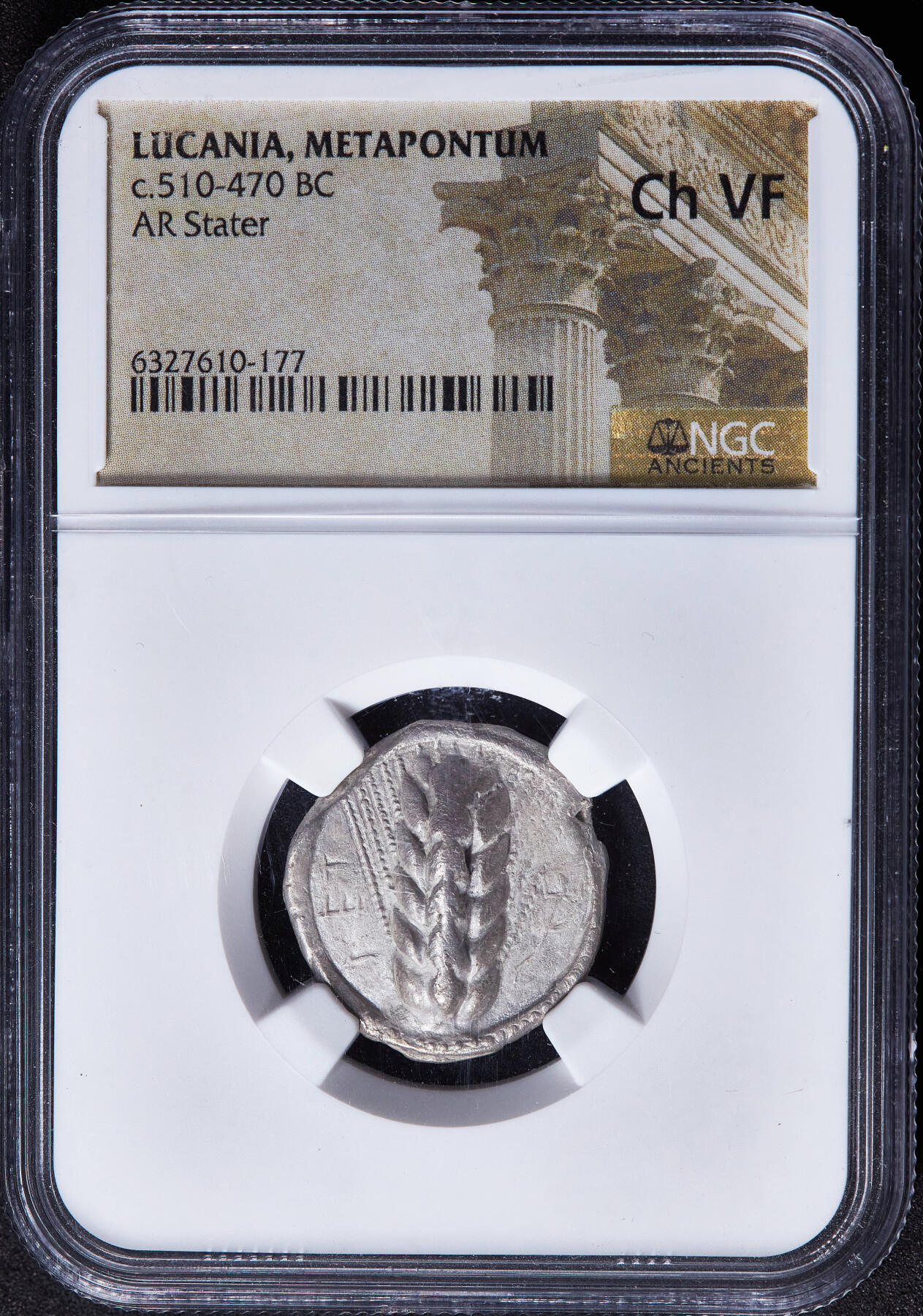 【俄甄集藏】2026年(049)03-18星期三 晚 19:30 全场包邮 古希腊卢卡尼亚地区梅塔蓬城公元前510-前470年1斯塔特大麦麦穗与壁虎银币，NGC ChVF，正面一株大麦穗，左侧币文为地名梅塔蓬城，右侧一只壁虎，背面内凹大麦穗图案
