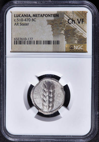 【俄甄集藏】2026年(049)03-18星期三 晚 19:30 全场包邮 - 古希腊卢卡尼亚地区梅塔蓬城公元前510-前470年1斯塔特大麦麦穗与壁虎银币，NGC ChVF，正面一株大麦穗，左侧币文为地名梅塔蓬城，右侧一只壁虎，背面内凹大麦穗图案