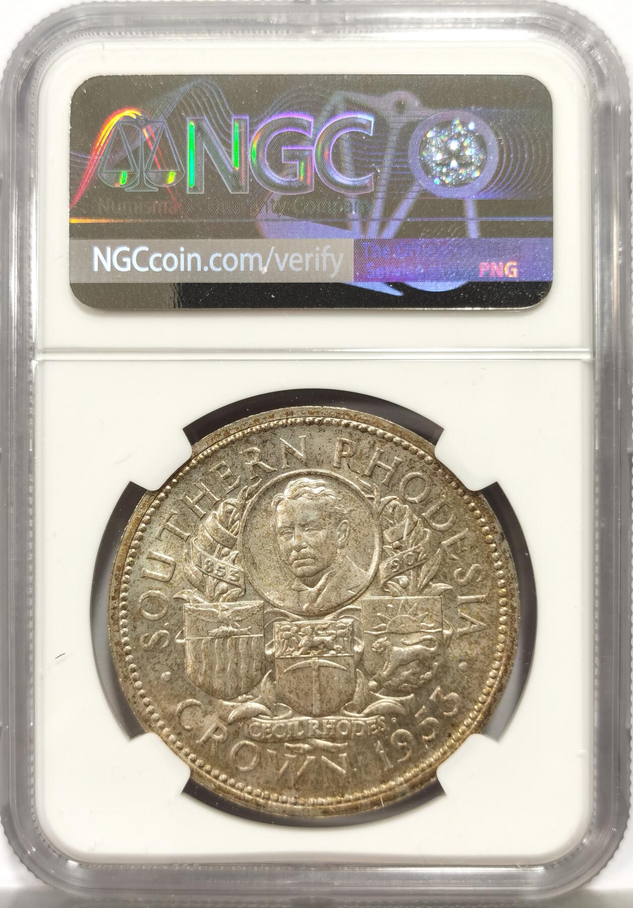 博洋堂世界钱币拍卖第164期（全场包邮） NGC MS64 英属南罗得西亚1953年一克朗大银币，极美原光好品，背带五彩包浆。