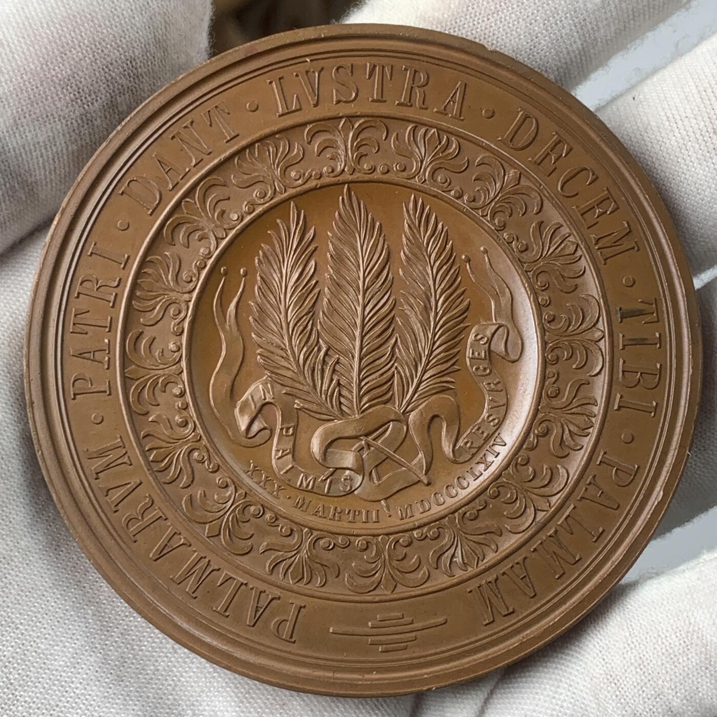 掌中浮雕-藏着的欧洲第054场 1864年植物学家马修斯获得博士学位50周年铜章 70mm，Radnitzky雕刻 , 木质双面玻璃罩盒子