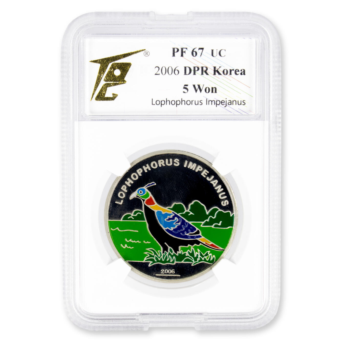 2006年朝鲜-棕尾虹雉15克999纯银彩色纪念银币少见品种TQG评级