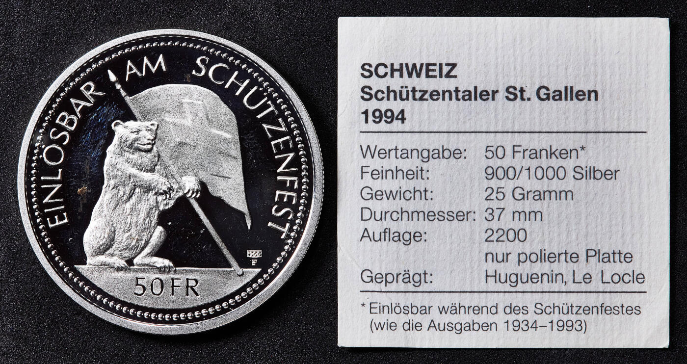 【俄甄集藏】2026年(049)03-18星期三 晚 19:30 全场包邮 瑞士1994年纪念圣加伦射击节50法郎精制大银币，重25克，90%银，发行量2200枚，名誉品种