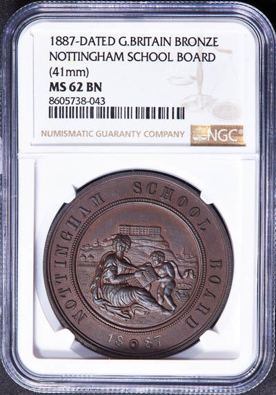 【俄甄集藏】2026年(049)03-18星期三 晚 19:30 全场包邮 - 英国1887年智慧女神造像诺丁汉学务委员会颁发全勤与守时表彰纪念铜章，NGC MS62，授予J·霍普金斯，巧克力包浆，设计精美，疑似低评，直径41mm