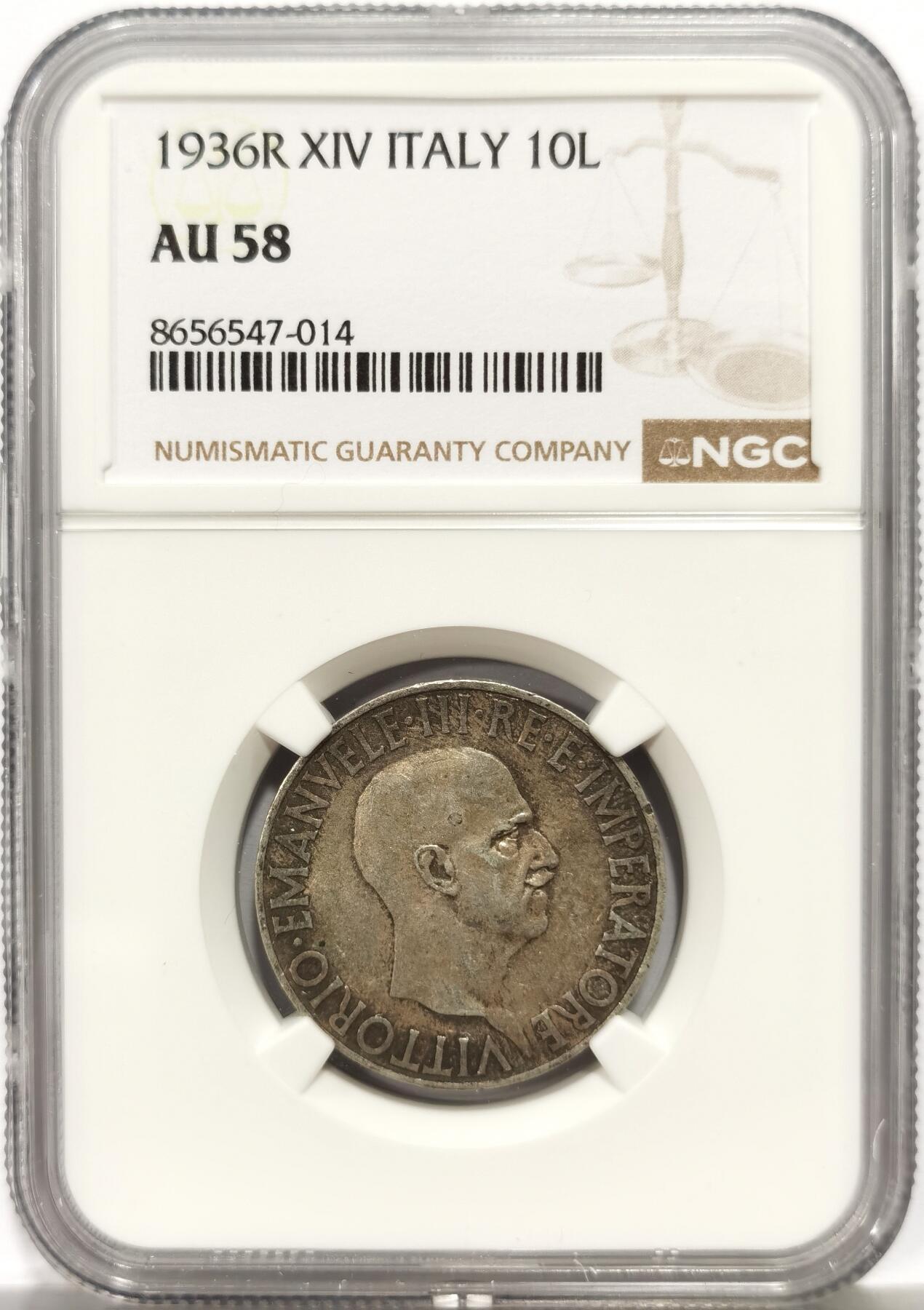 博洋堂世界钱币拍卖第164期（全场包邮） NGC AU58 意大利1936年十里拉银币，亚平宁女神经典形象，老包浆状态好。