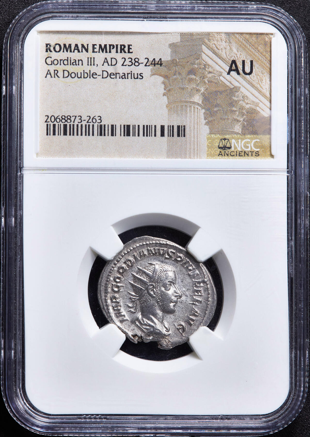 【俄甄集藏】2026年(049)03-18星期三 晚 19:30 全场包邮 古罗马帝国公元243-244年戈尔迪安三世桂冠双第纳尔胜利女神银币，NGC AU，正面皇帝戈尔迪安三世戴桂冠头像，背面双翼胜利女神站像，原光品相，状态难得