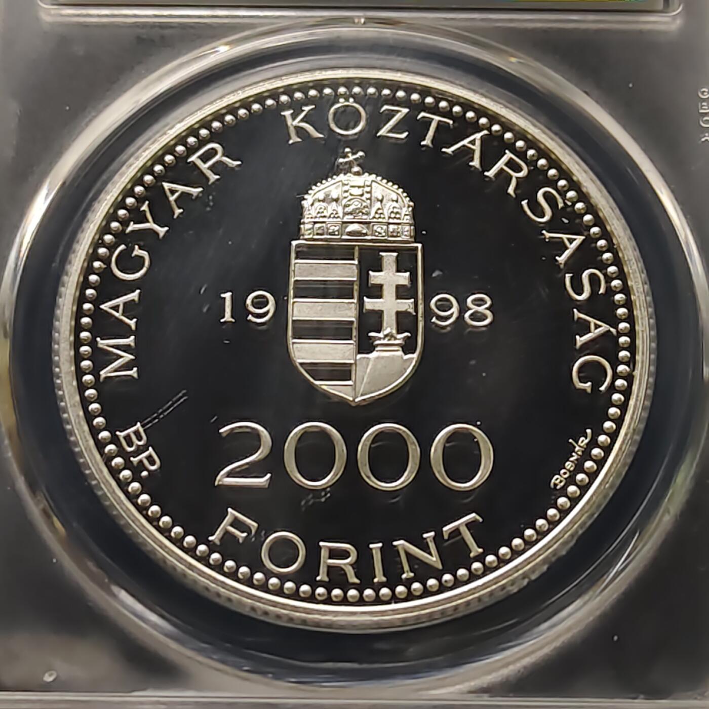 【全场包邮】纯粹捡漏拍511场 匈牙利1998年2000福林加入欧盟精制纪念银币【38.61毫米31.46克92.5%】-公博PF68