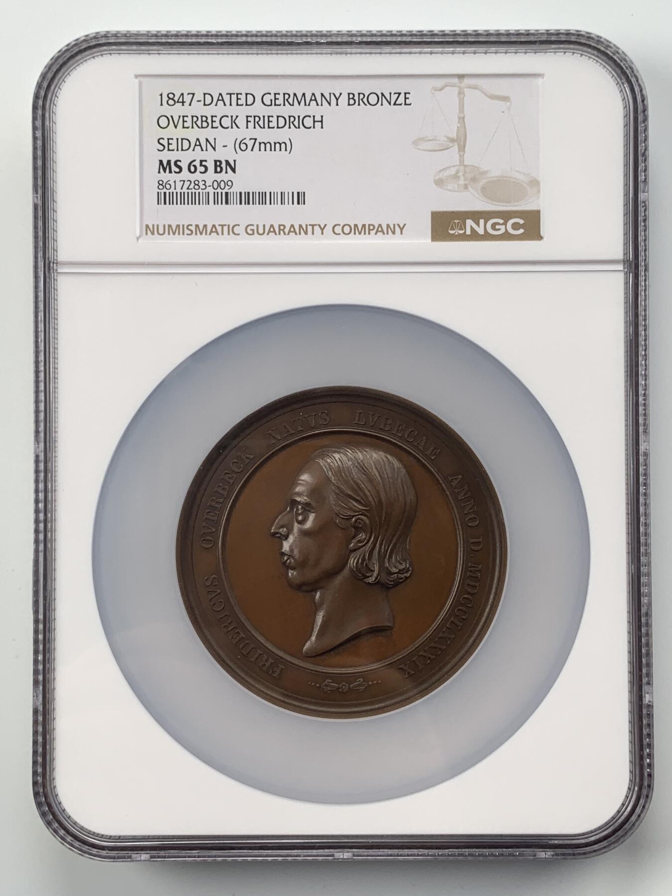 掌中浮雕-藏着的欧洲第054场 NGC MS65 : 1847年画家弗里德里希·奥弗贝克铜章，67mm，边铭：手指CUIVRE，奥地利的雕刻师Seidan雕刻，法国造币厂铸造