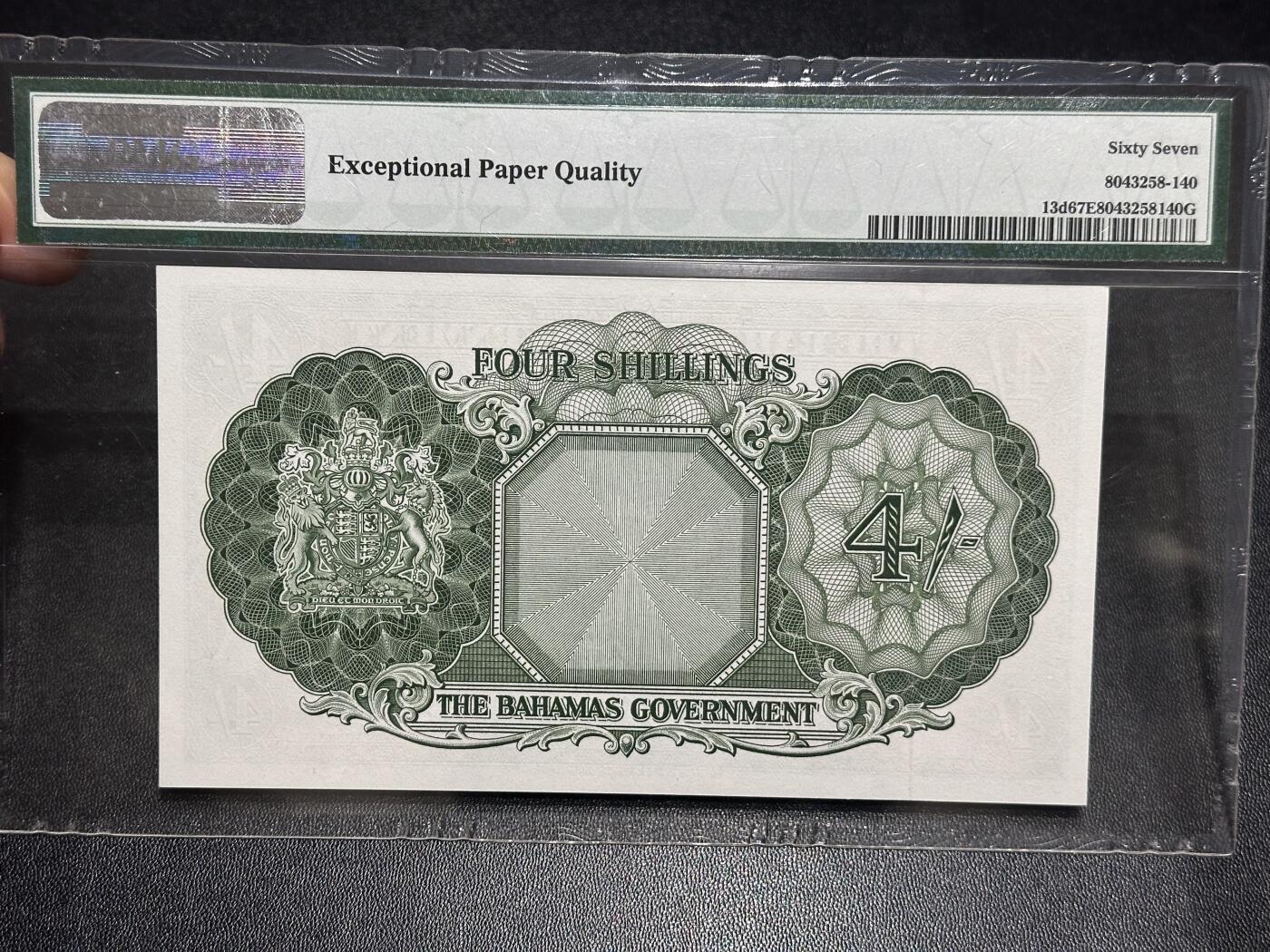 《外钞收藏家》第六百一十六期（精品场）（长期征集拍品、欢迎藏友们联系合作） 1963年巴哈马4先令 精美女王 PMG67