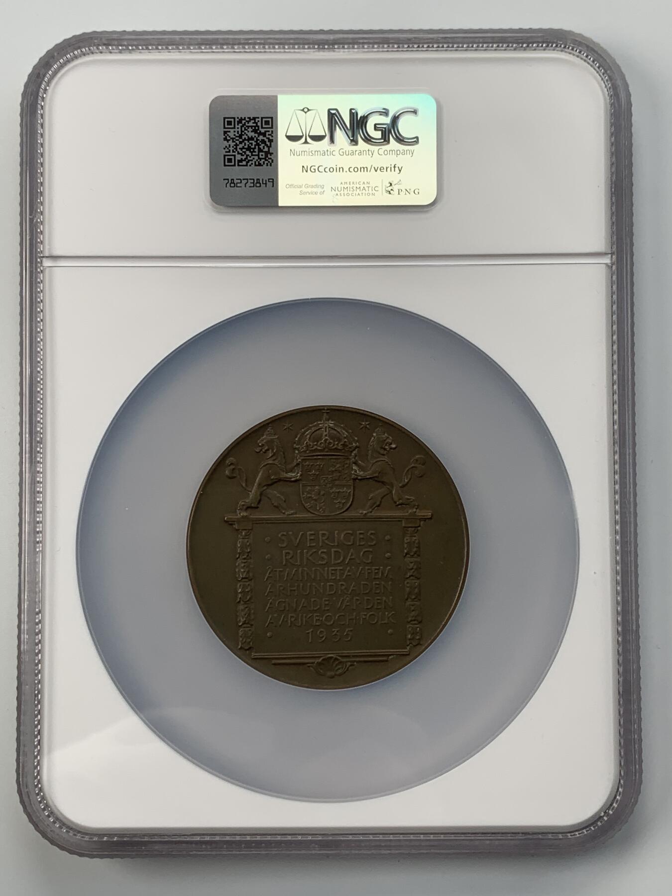 掌中浮雕-藏着的欧洲第054场 NGC MS63 : 1935年瑞典议会成立500周年纪念铜章，57mm