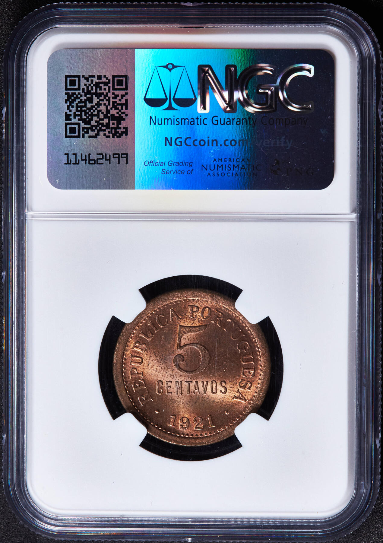 【俄甄集藏】2026年(049)03-18星期三 晚 19:30 全场包邮 葡萄牙共和国1921年国徽版5分铜币，NGC MS63RB，原铜光难得