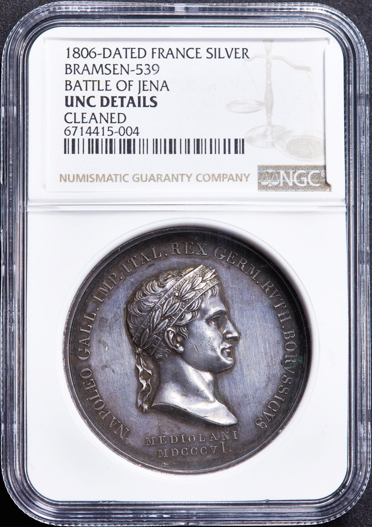 【俄甄集藏】2026年(049)03-18星期三 晚 19:30 全场包邮 法国1806年拿破仑帝国纪念耶拿战役大银章，NGC UNCD，高浮雕，原味老包浆，经典品种